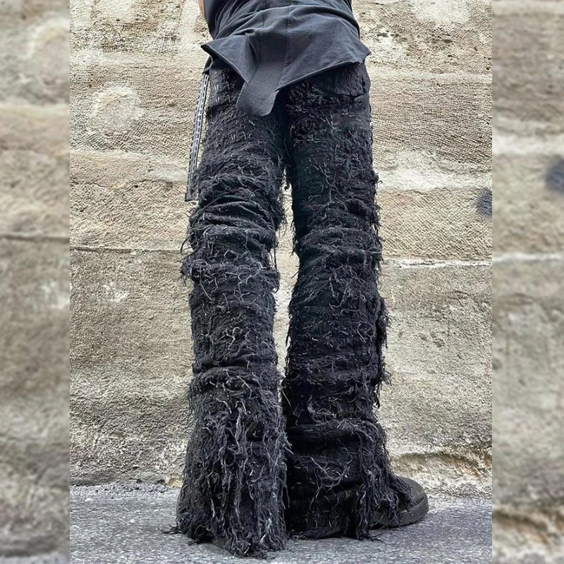 DiZNEW High Street mummified denim jeans fringe solid color trousers man details