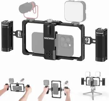 NEEWER Upgraded Phone Rig Vlogging Kit, Video Stabilizer with Dual Handle, Wireless Mic Clip Slot for Tiktok/YouTube