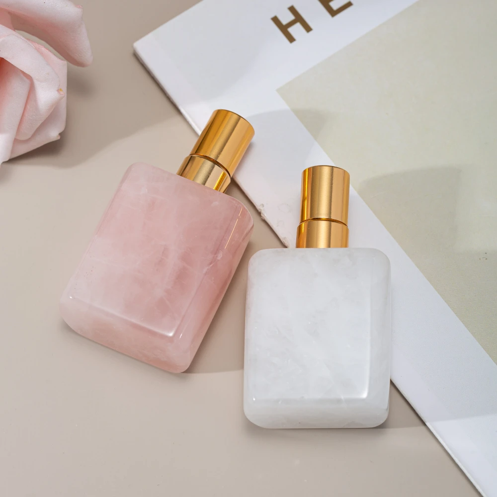 High Quality Natural Rose Quartz Clear Quartz Amethyst Perfume Bottle  Elegant Empty Essential Oil Bottle for Woman Girls Gifts