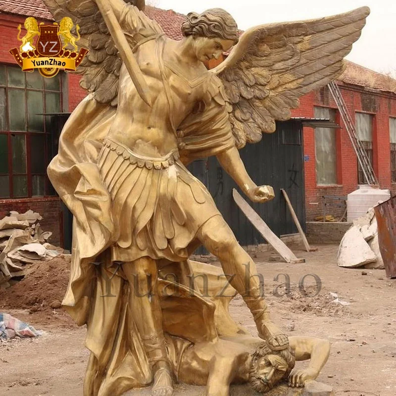 天使の像 羽付き　ミハエルネグリン 宗教的なブロンズ翼のある聖ミカエル保持剣と盾の彫刻ブロンズセント