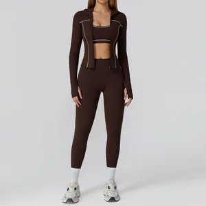 Contrast Color Yoga Suit with Zipper; Close-fitting Yoga Fitness Suit; Casual Running Sport Three-piece Suit.