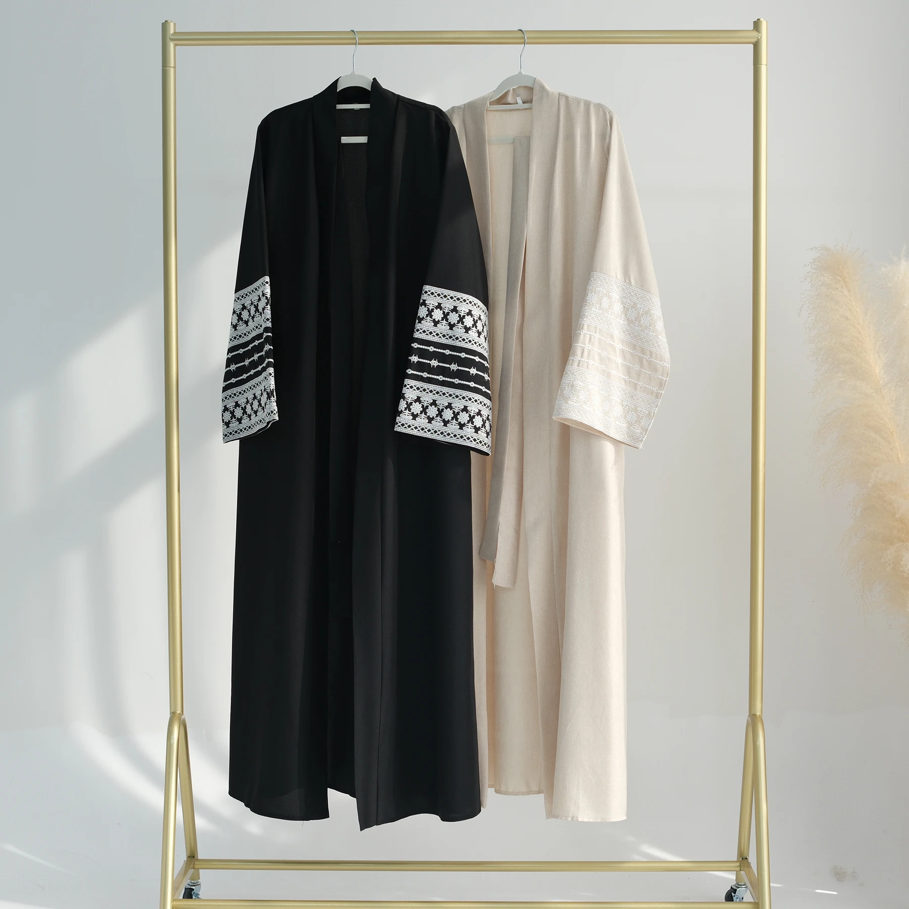 2024 Ramadan Linen Embroidery  Linen Open Abaya Femmes Robe Musulmane  Abaya Women Muslim Dress  Islamic Clothing