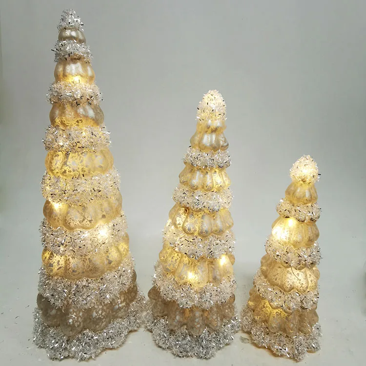 Battery operated modern tabletop lighted glitter small mercury set of 3 glass led christmas tree set decor vintage for sale details