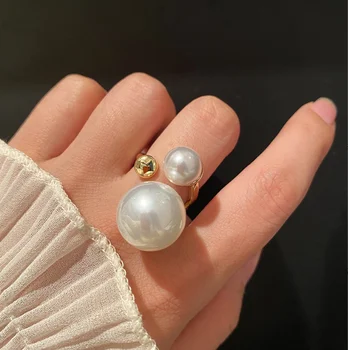 QIFEI Exaggerated Large Pearl Ring For Women's Personality Open Adjustable Rings Luxury Jewelry