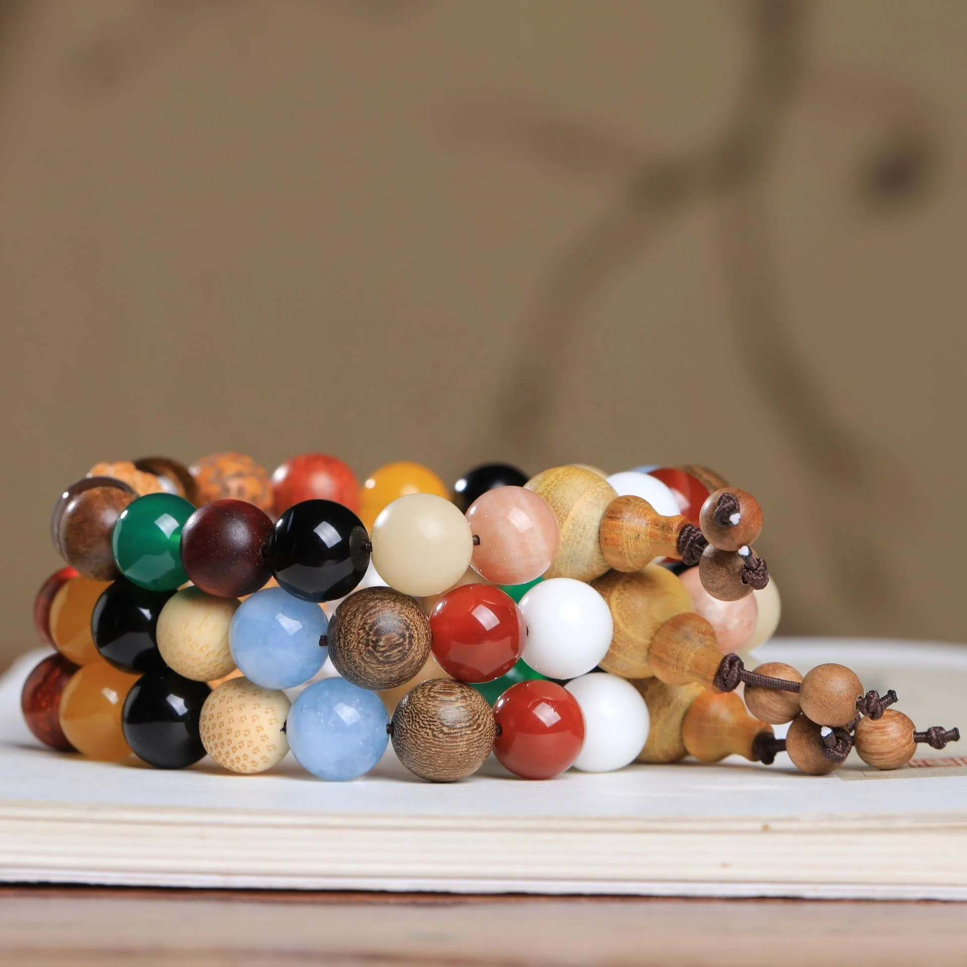 Braccialetto Mala Tibetano In Perle Di Legno Naturale 15mm - Per Meditazione, Preghiera, Buona Fortuna - Elastico, Fatto A Mano