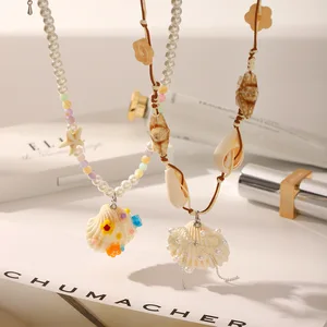 MW Premium Summer Christian Bohemian Style 18K Gold Plated Stainless Steel Imitation Pearl Chains Necklace for Women