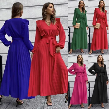 2022 Autumn Girl Ladies Solid Sexy Pleated Long Dresses Women Clothing Cheap Elegant Women Casual Maxi Dresses
