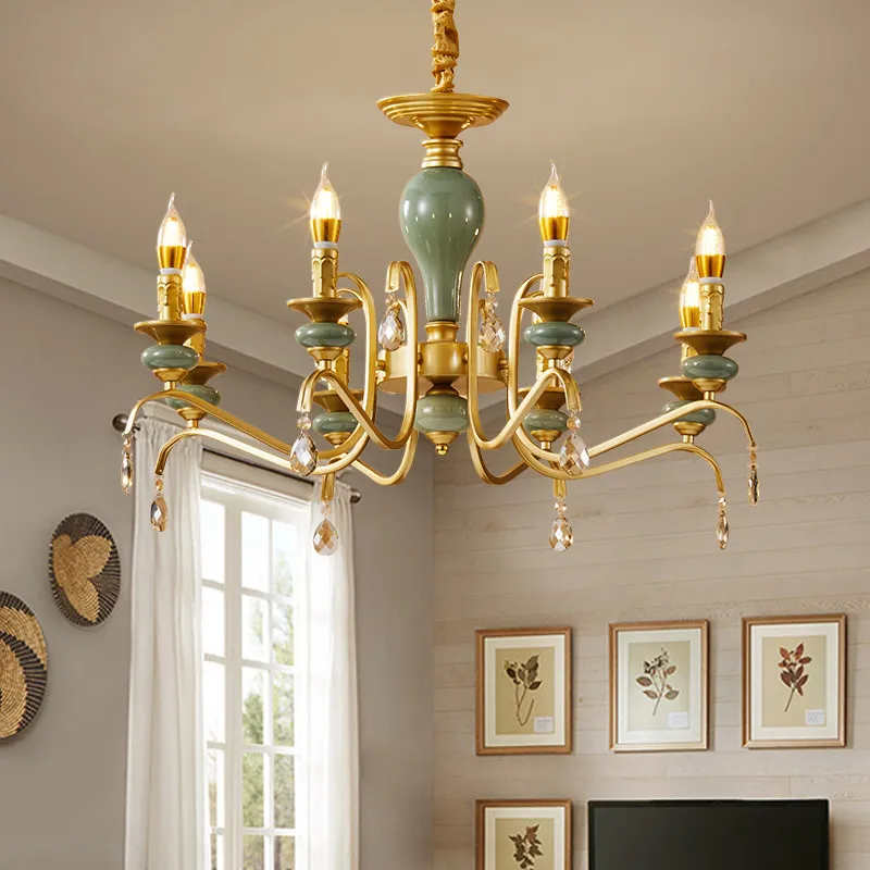 European American Style Rustic Retro Simple Luxury Chandelier LED Gold Finish Dual-Purpose Hanging/Sucking for Living Room