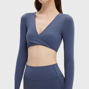 Custom Solid Color Activewear Sports Outfit Women Gym Fitness Yoga Set 2pcs Workout Quick Dry V-neck Long Sleeve and Leggings