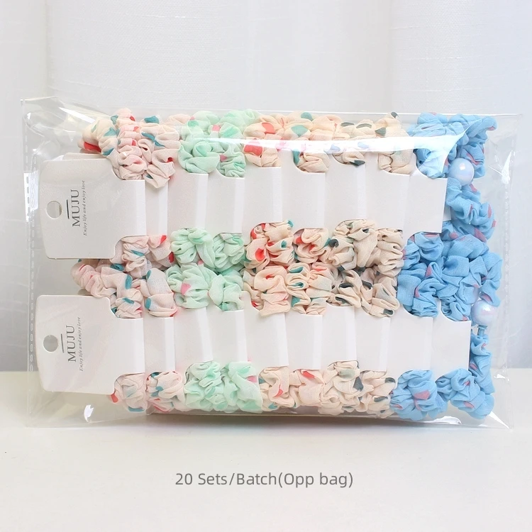 2Piece Set of New Pearl Scrunchie Hair Tie Printed Cloth Fold Thick Rubber Band High Elastic Ponytail Head Rope for Girl