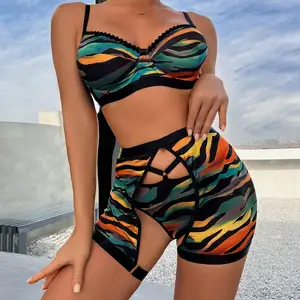 2026 New Three Piece Sexy Women's Lingerie Set Multicolor Stripe Splicing Beach Leisure Steel Ring Belt Lace Decoration ODM