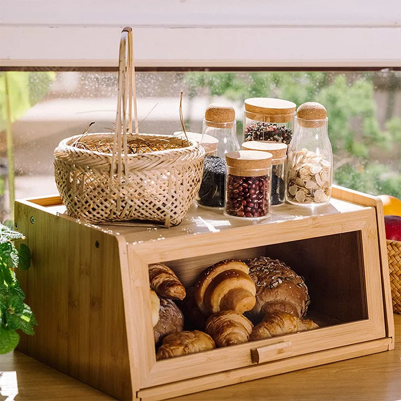 Custom High Quality Easyopening Bamboo Wooden Bread Bin Bread Storage