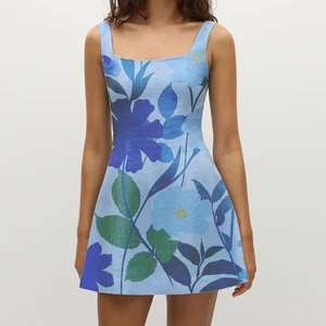 Wisrise Fashion New Wholesale Women's Light Blue Floral Print Square Neck Sleeveless Mini Dress