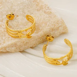 European American New Double-layer Widened Gold Plated Stainless Steel Women's Natural Stone Stud Earrings Dream Star Fashion