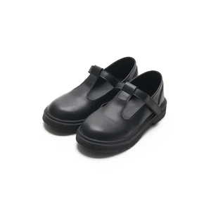 Babyhappy Back to School Non-slip Soles Girls Style Wholesale Leather Black Kids Tbar Shoes
