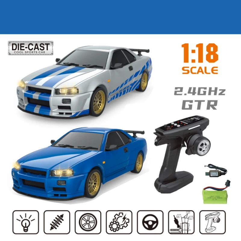 LDRC High Speed LDRC 1899 1/18 GTR R34 RC Drift Car with Custom 150 Motor  and Metal Body Full Proportional Control Model Car - Main Image