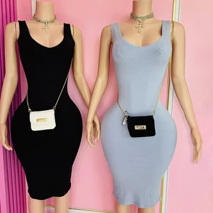 Huili Manufacturer 2025 Summer High Quality Stretch Slim Fit Square Collar Solid Knitted Bodycon Dress Women Black Ribbed Dress