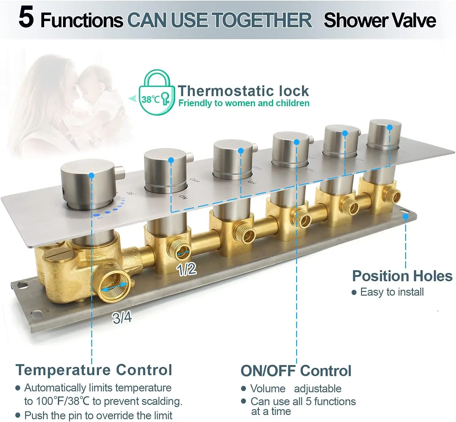 Brushed Nickel 5 Function Brass Concealed Water Diverter Thermostatic Shower Valve Kit Can Run at Same Time