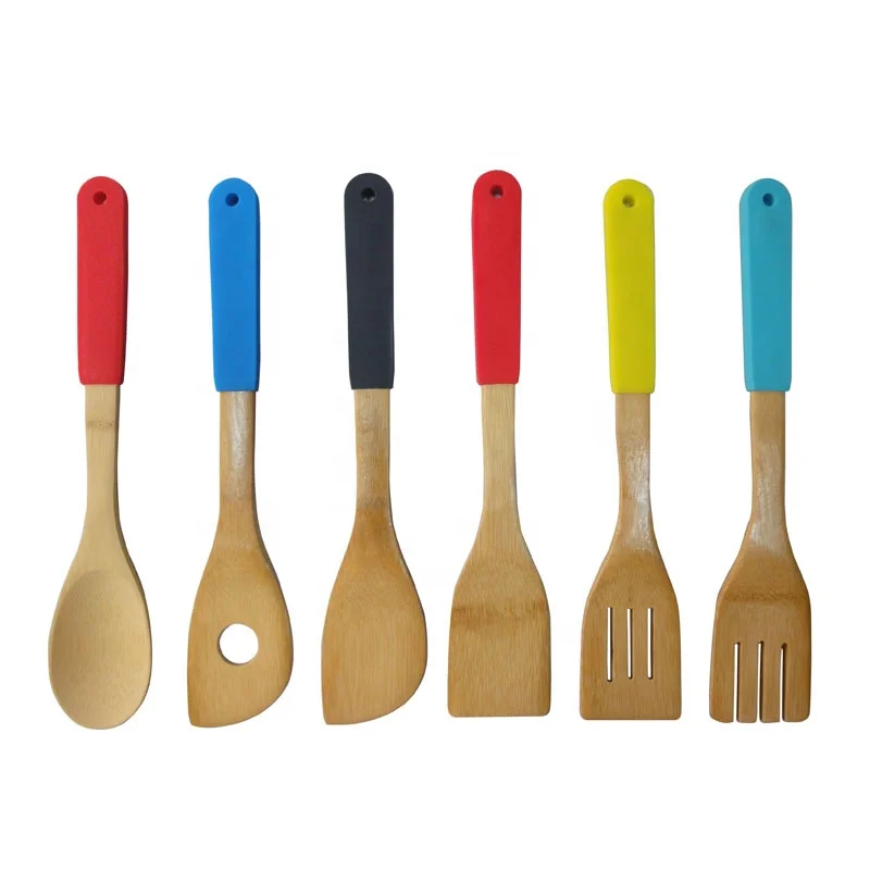 Бамбуковая кухонная утварь набор столовых приборов 30 см Силиконовая бамбуковая Ложка Вилка лопатка противоскользящая термостойкая силиконовая ручка