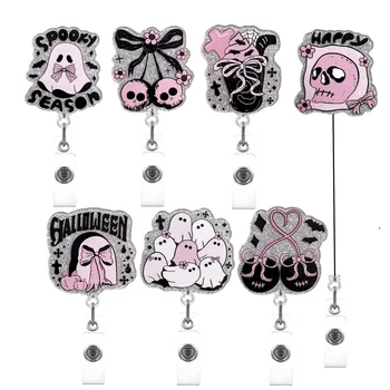 Custom  Badge Reel Glitter Acrylic Retractable Lanyard and Rotatable ID Holder with Belt Clip and Keychain