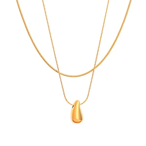 18K Gold Plated Stainless Steel Snake Chain Link Water Drop Pendant Necklace Double Layers Trendy Style for Party for Women Men