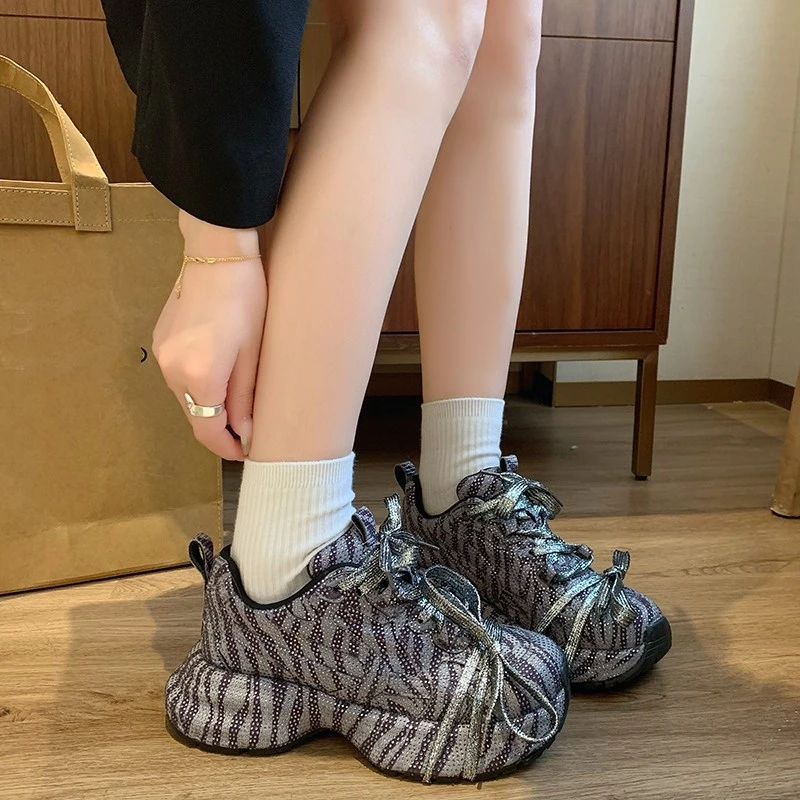Dropshipping Custom Logo Rhinestones Leopard Print Designer Shoes Women Chunky Platform New Styles Walking Style Sneakers