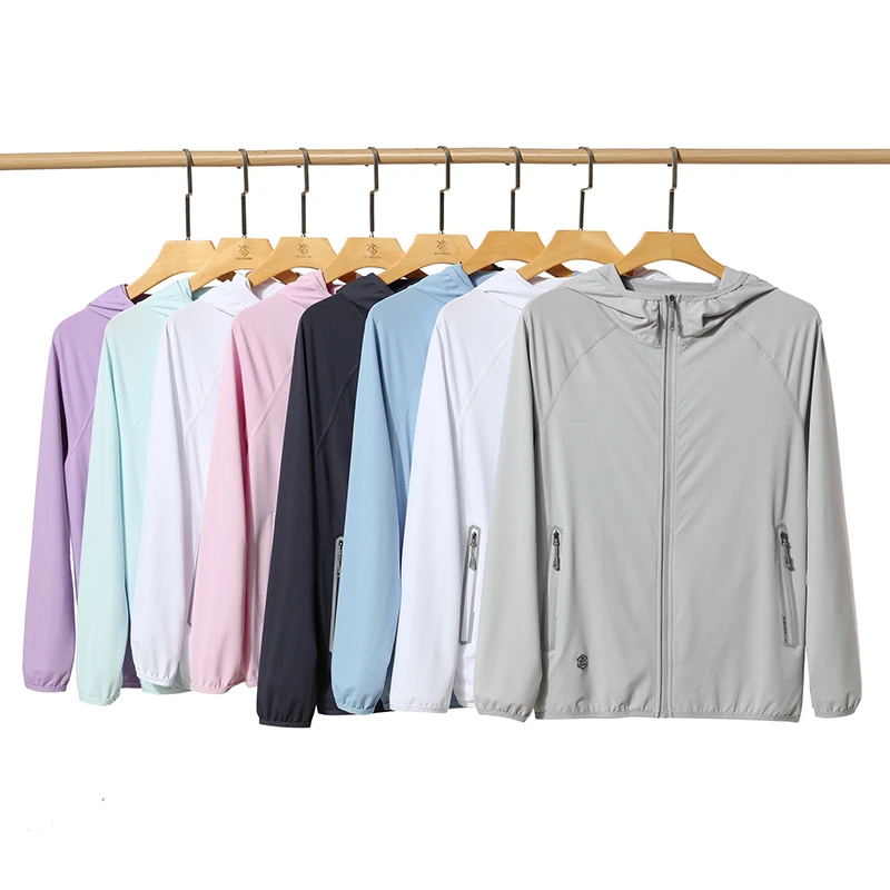 UPF 50+ sun protection hooded jacket with reflective details visible at night, elastic cuffs, zip closure, lightweight pockets, and sun protection.