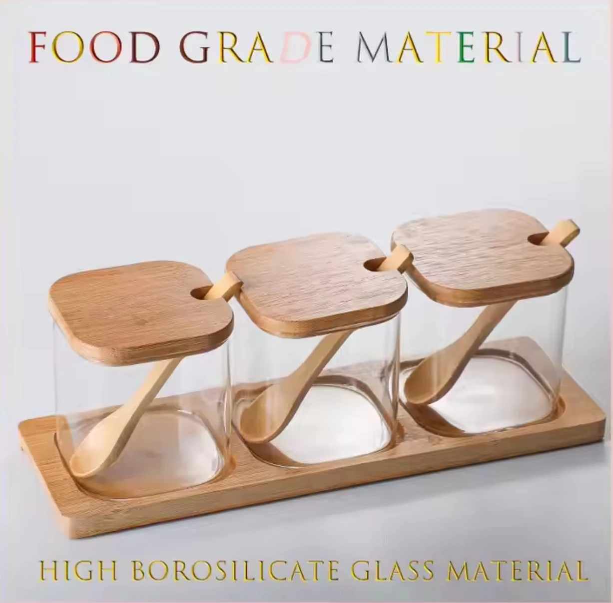 YOLOWE HOME Eco-Friendly 300ml Glass Mason Jar Spice Storage Set Bamboo Tray Condiment Jars Spoons for Sugar Pepper Party