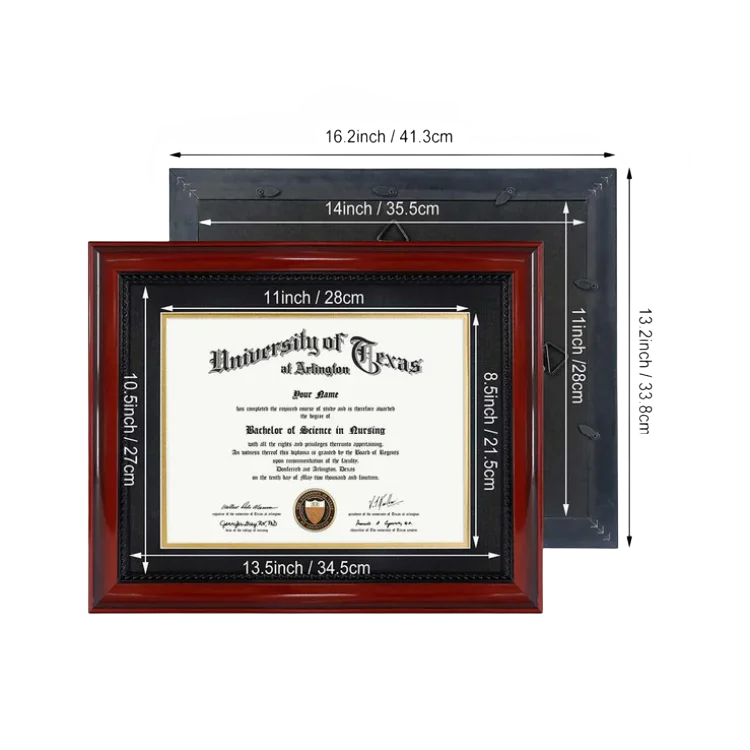 Wood certificate frame with black rope accent detail view