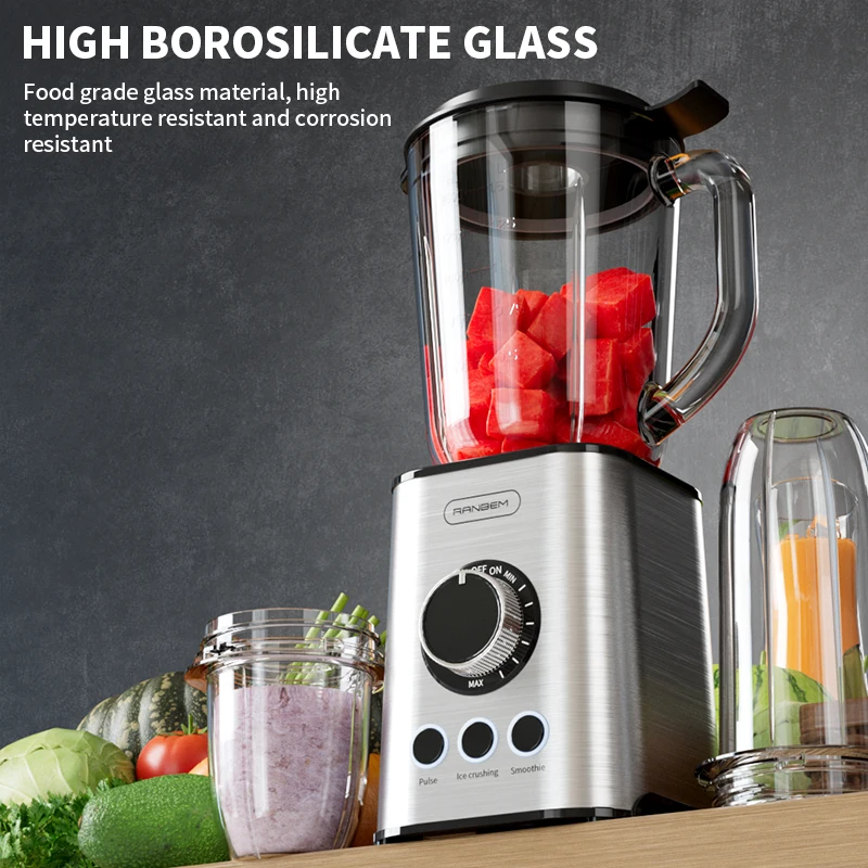 RANBEM Powerful Performance Electric 1.5L Glass Jug Crush Ice Smoothies Blender Tabletop Stainless Steel Multiple Blender