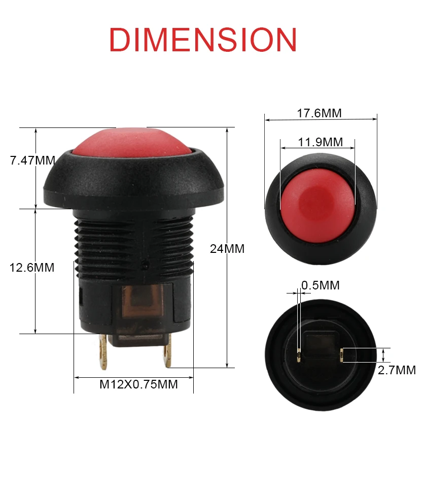 12MM Mounting Hole Moushroom Head Push Button Switch 2Pin Latching IP67 Waterproof Plastic Mini Push Button Switch Without LED