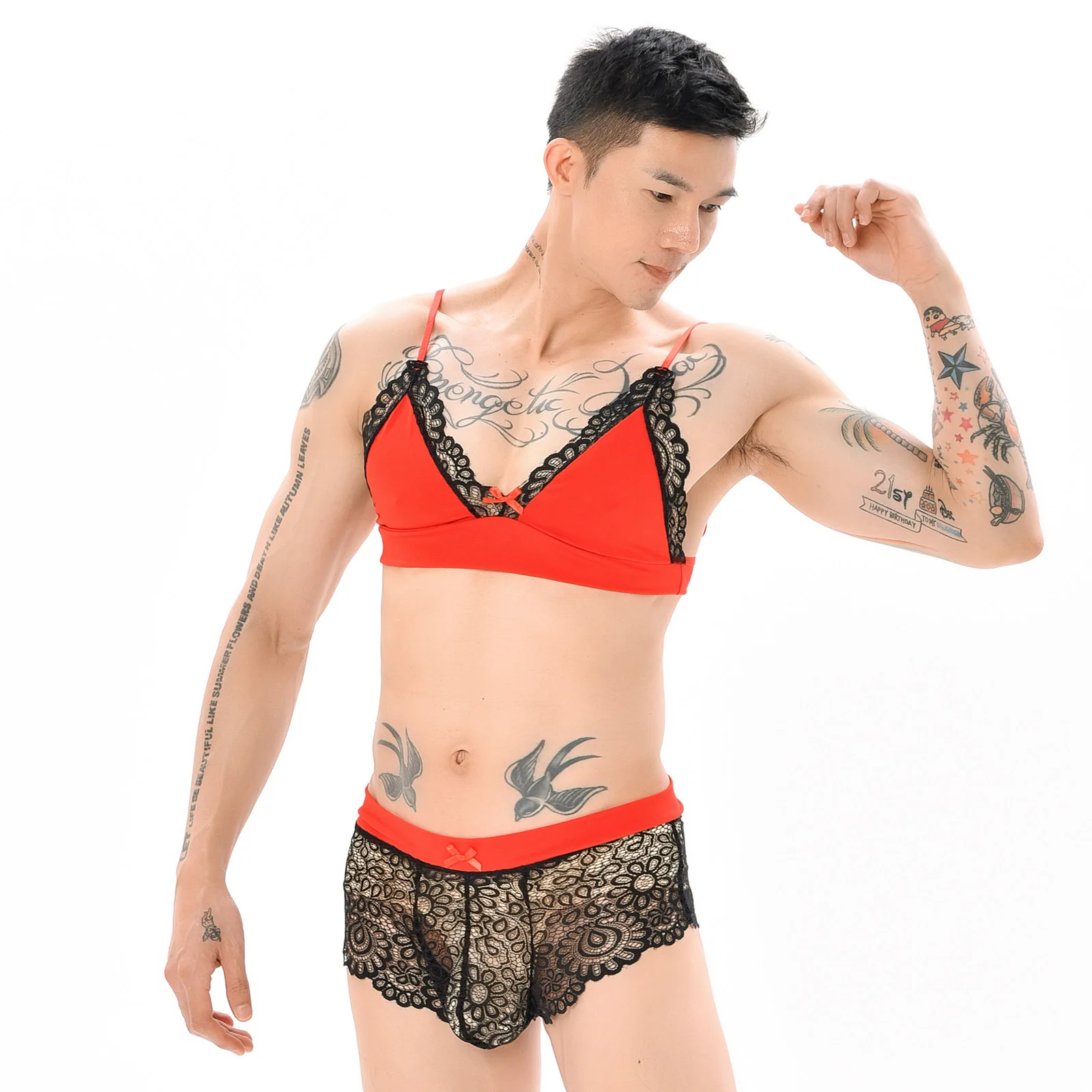 Sissy Lingerie Set for Men Lace Bra Micro Shorts G-String Pouch Briefs  Underwear Nightwear