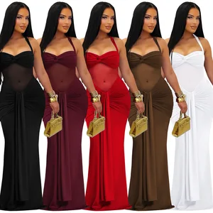 STOCK 5Colors Ties Neck Back Women Dress Twist Front Mesh Insert Maxi Dress Long Ties Front Plus Size Robe S-2XL