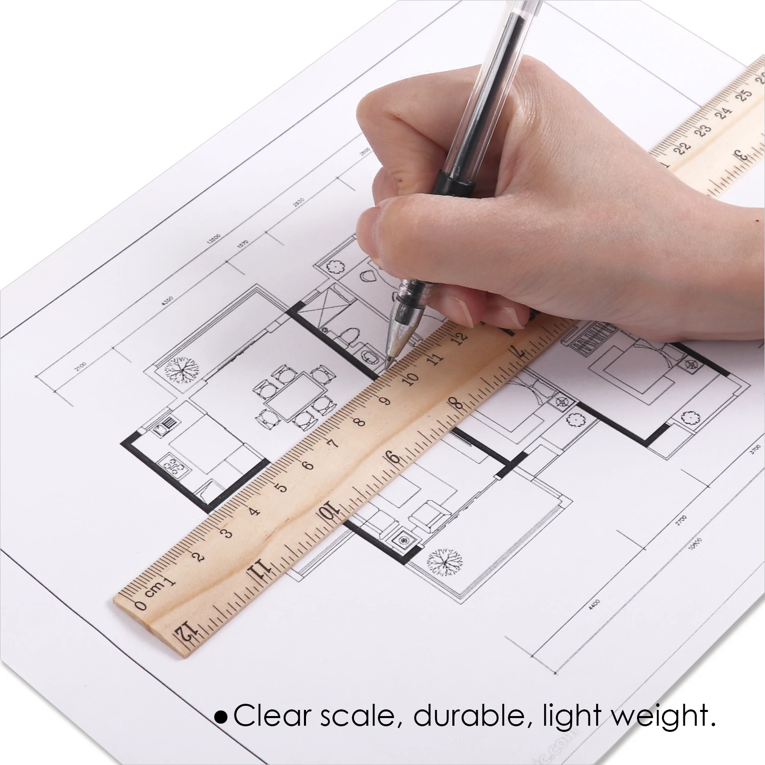 FOSKA User-friendly and Safe Design Double Sided Scale 12inch / 30cm Natural Wooden Straight Ruler for Home Student Office Use