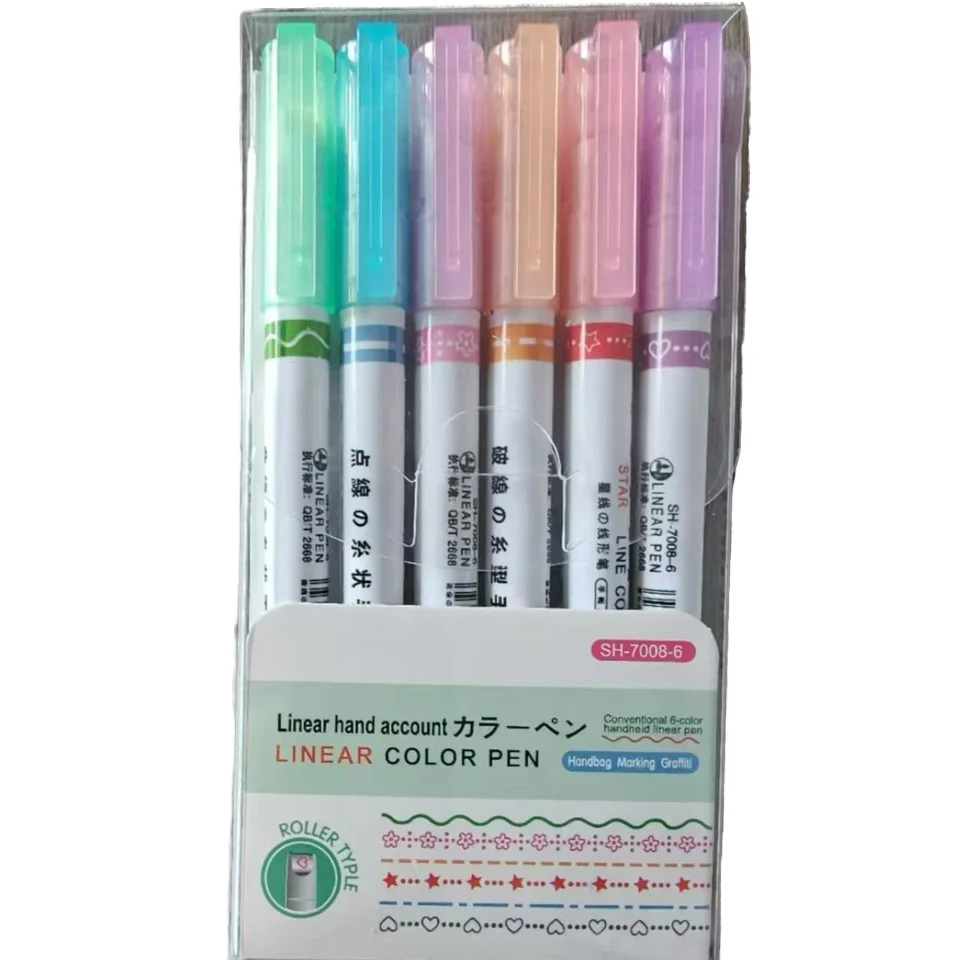 6 Color Curved Nib Pen Drawing Roller Marker Oblique School Use Set Permanent Stamp Roller Pen Marker Curve Line Painting Pen