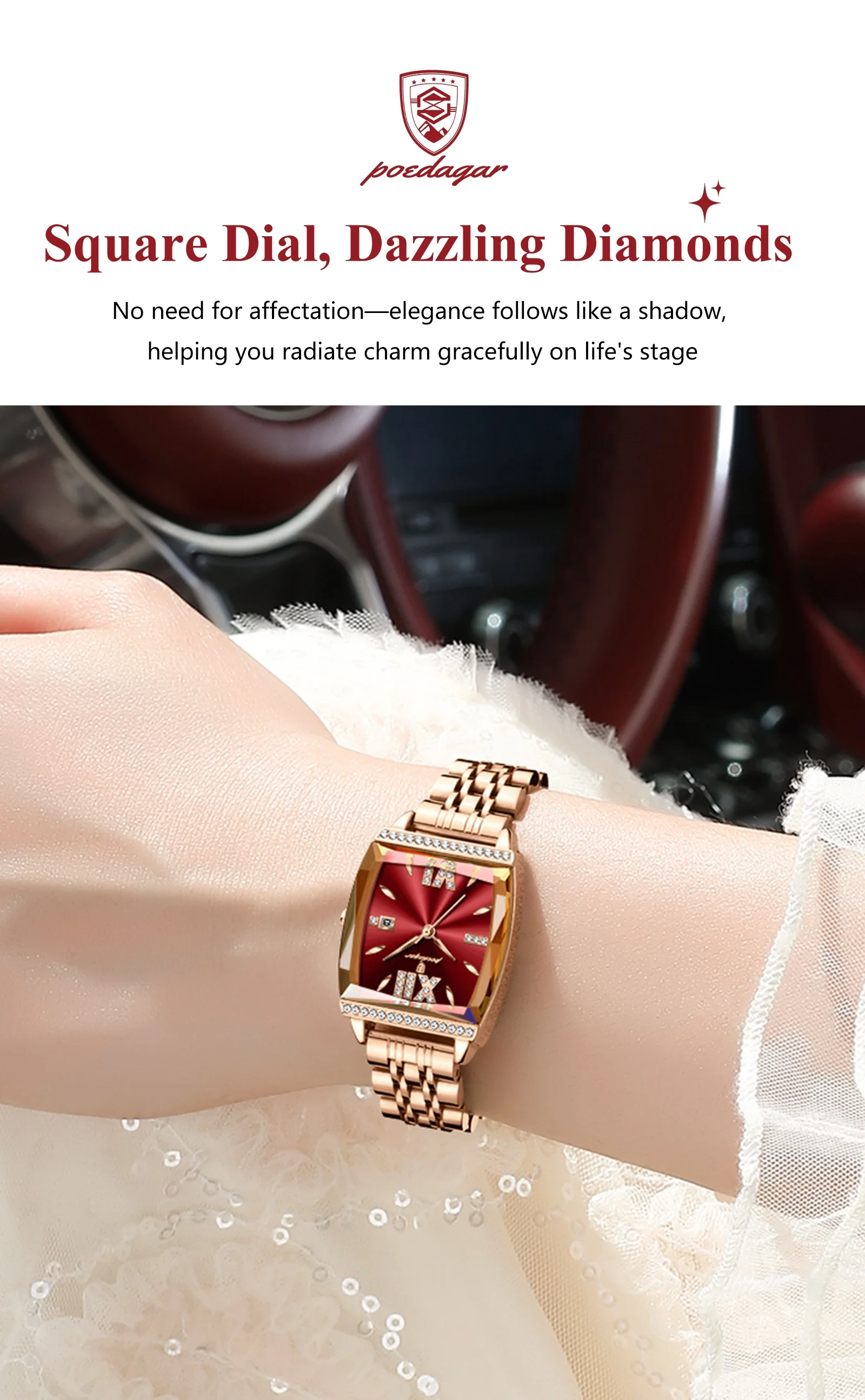 POEDAGAR 795 Tonneau Dial Women Fashion Watch Rose Gold Luxury Quartz Stainless Steel Strap Watches 30M Waterproof Diamond Clock