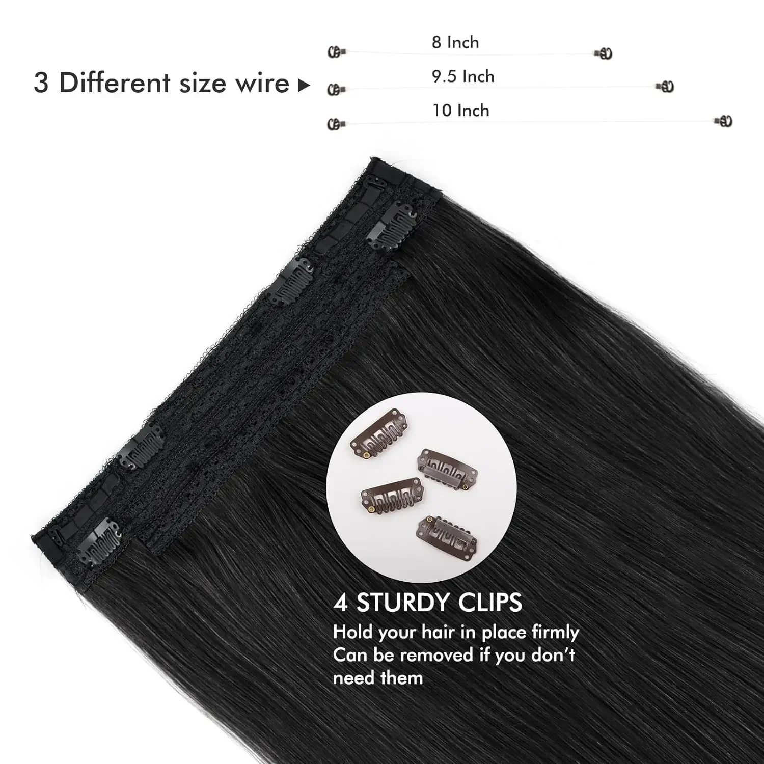 Klipp i ett stycke äkta hårförlängningar rak fiskelina osynlig tråd kolsvart_voghion.com