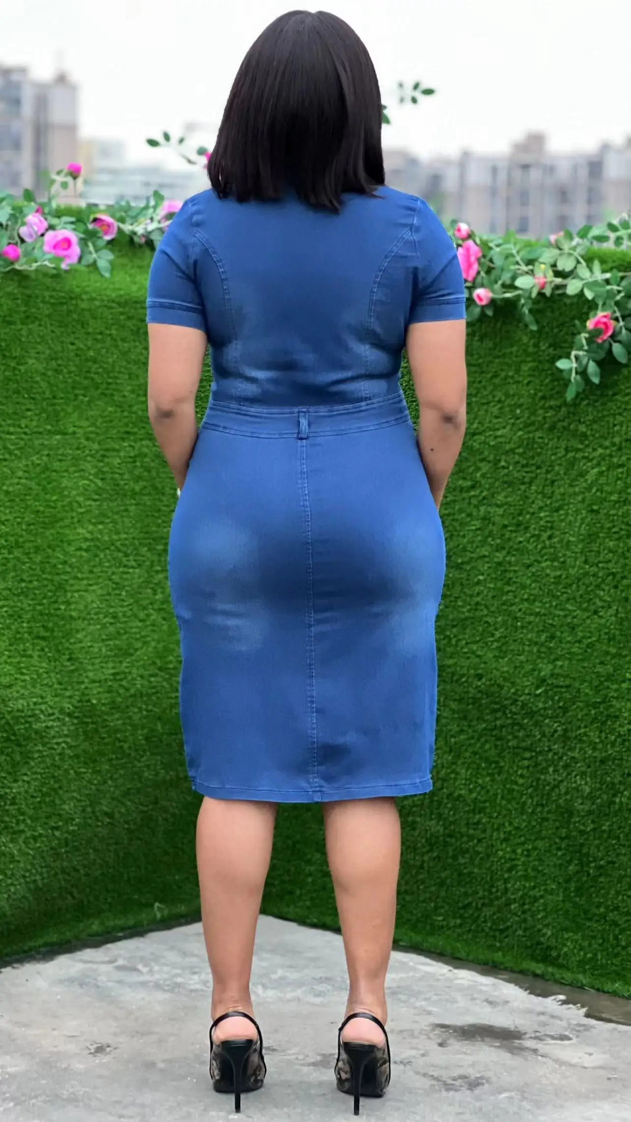 Fashion Womens Elegant Bodycon Dress Short Sleeve Knee-Length Plus Size  Denim Dress