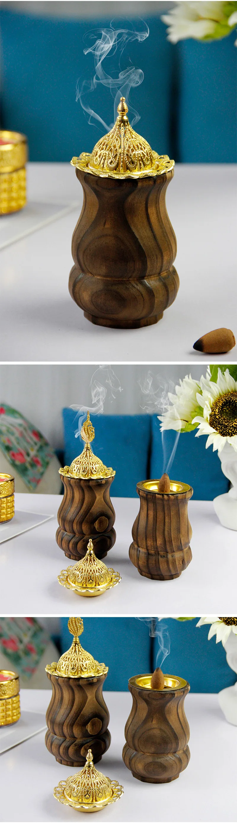 Vintage Handheld Wooden And Gold Metal Incense Burner With Wood Grain ...