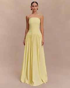 Sexy Strapless Maxi Dress for Women New Chic Slit High Waist Pleated A-line Elegant Ladies Party Long Dresses