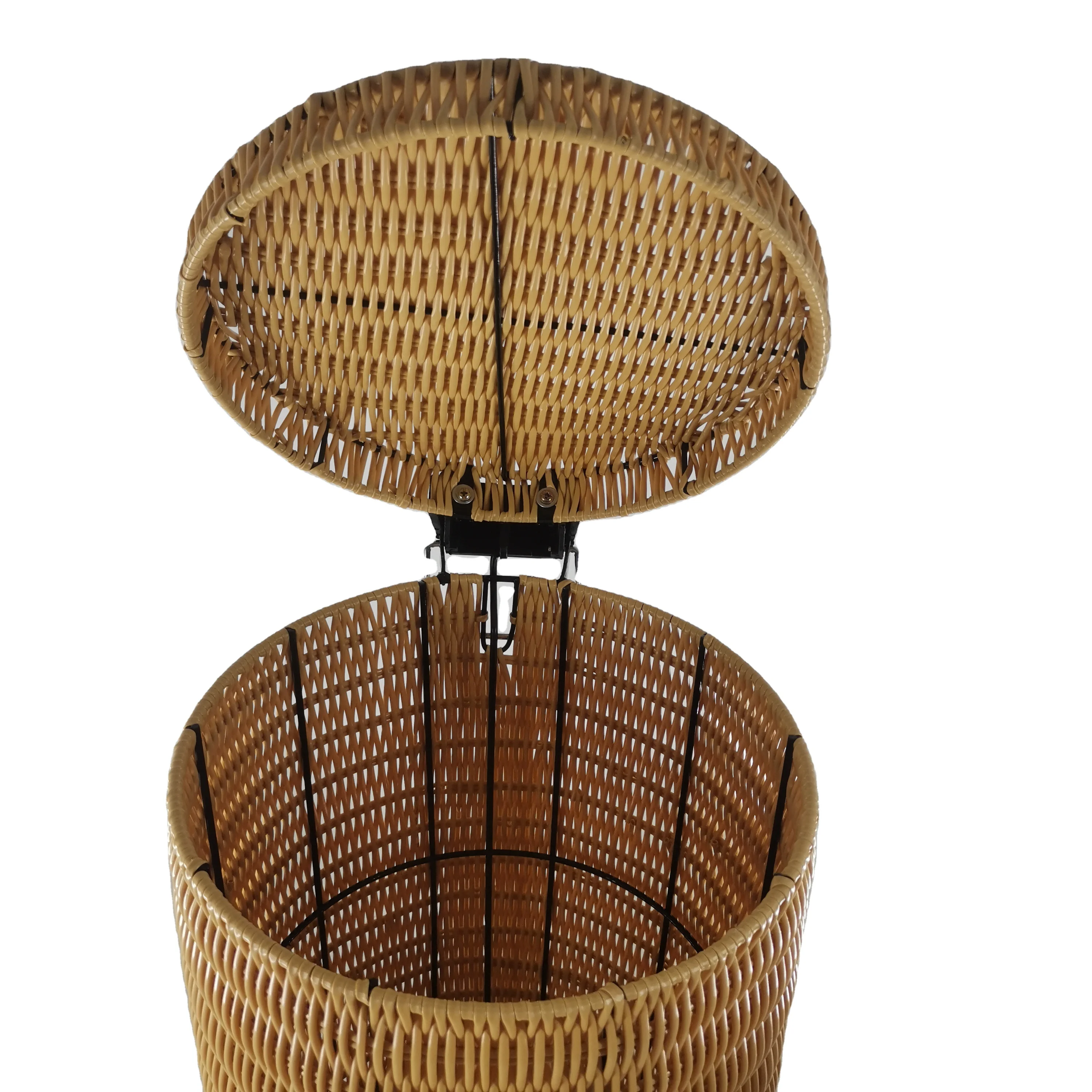 Factory Customized Large Capacity  Hand Woven Plastic Rattan Waste Bin  Rattan Rubbish Bin with Foot Pedal