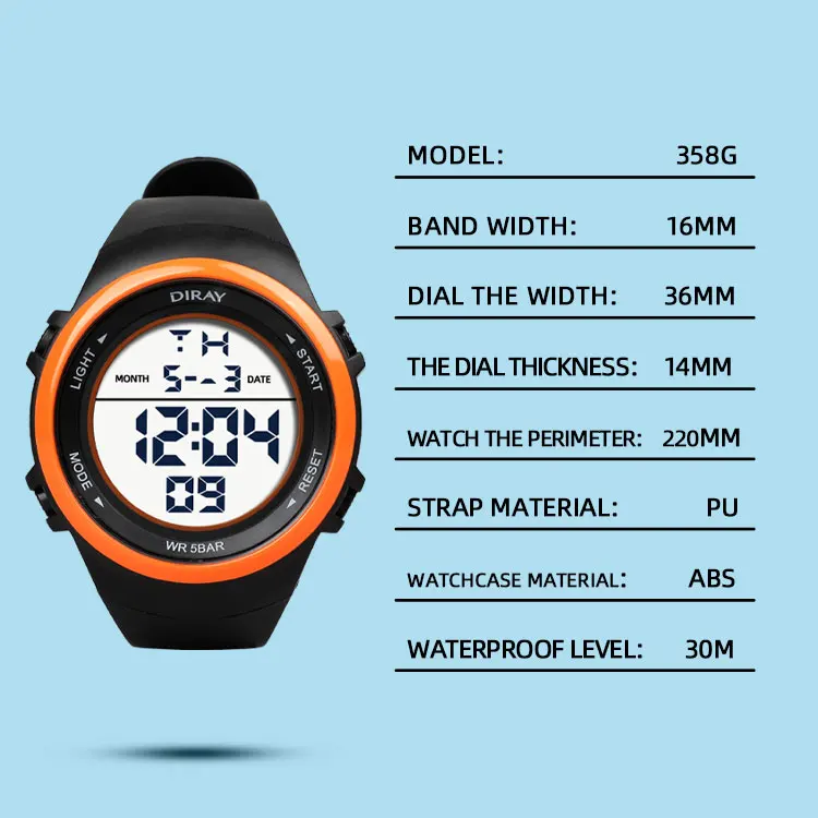 Diray 358G Jugend Sport Digitaluhr tragbar zum Schwimmen