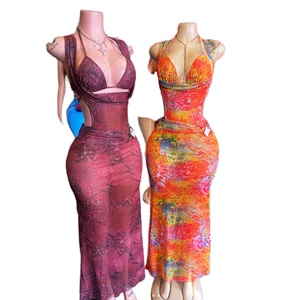2026 Women's Elegant Summer Maxi Dress Swinging Collar Print Backless Drop V Neck Halter for Bandage Sleeveless for Vacation