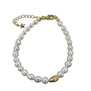 YOB  TOP   Pearl Bracelet with Half Natural Baroque Freshwater Pearls Beads Half Chain Gold Plated for Women