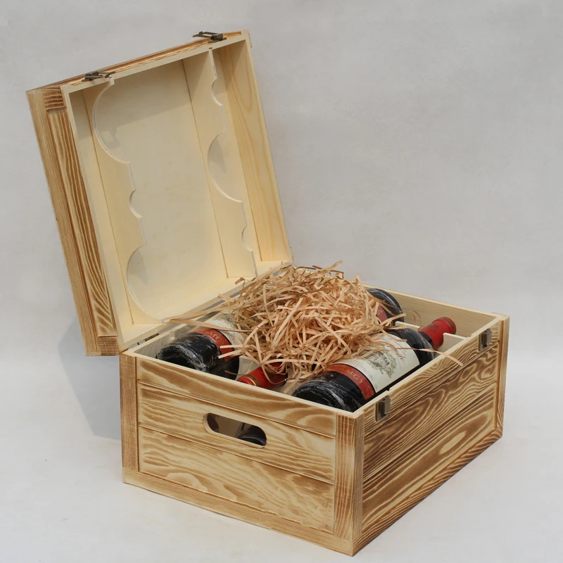 6 Bottles Pine Wood Wine Box Wooden Wine Bottle Gift Box Trunk Crate