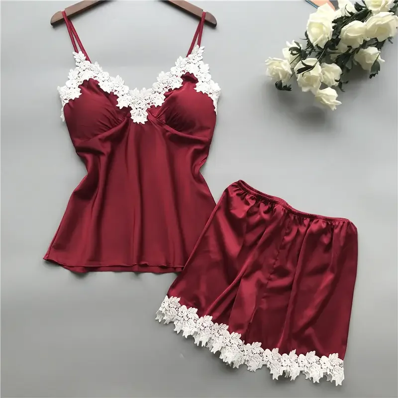 Femmes Sexy dentelle Lingerie vêtements de nuit en satin de soie pamas sous-vêtements nuisette vêtements de nuit courts 2 pièces ensemble_voghion.com