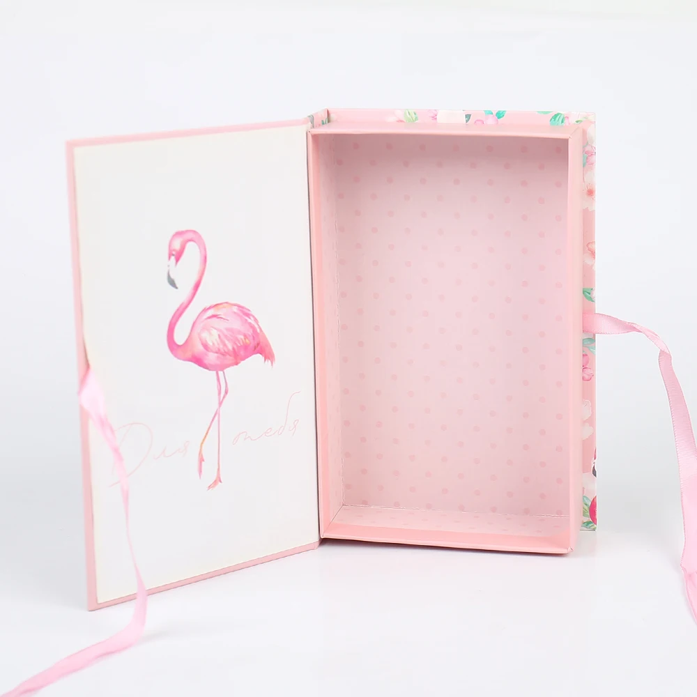 product customized book shaped box pink special paper gift boxes flamingo design logo custom rigid flip box with ribbon for perfume-45