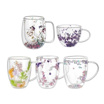 New Design Dried Flower Borosilicate double wall glass cup with handle