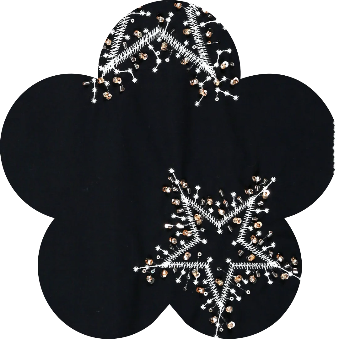 Artistic Tube-Embroidered in Classic Black with Gold Stars Tailored for Tops & Skirts Customized Cotton Embroidery Fabric