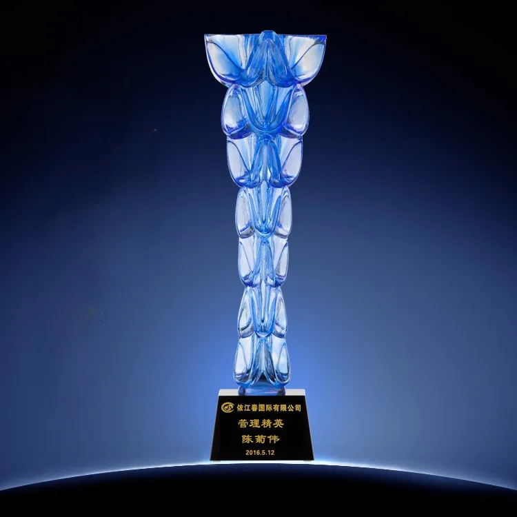 Small Bridge Wholesale China Factory Blue Color Columnar Shape Trophy Customized Logo Champion Crystal Trophy manufacture